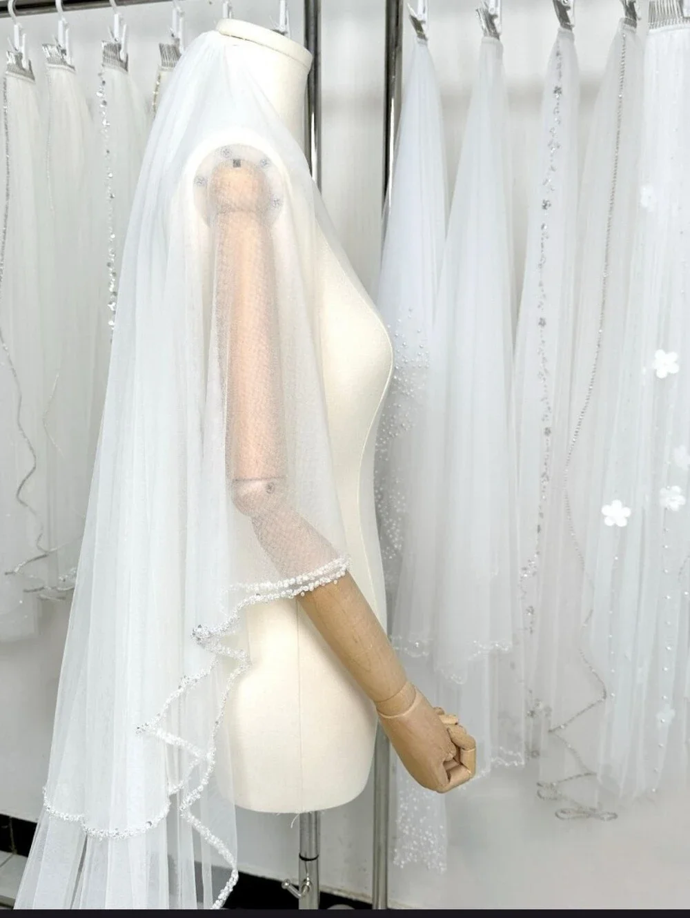 White Bridal Veil with Beaded Edge, Cathedral